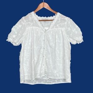 Hayden Floral Applique Button Front Puff Sleeve Top Womens L Cottagecore Coastal